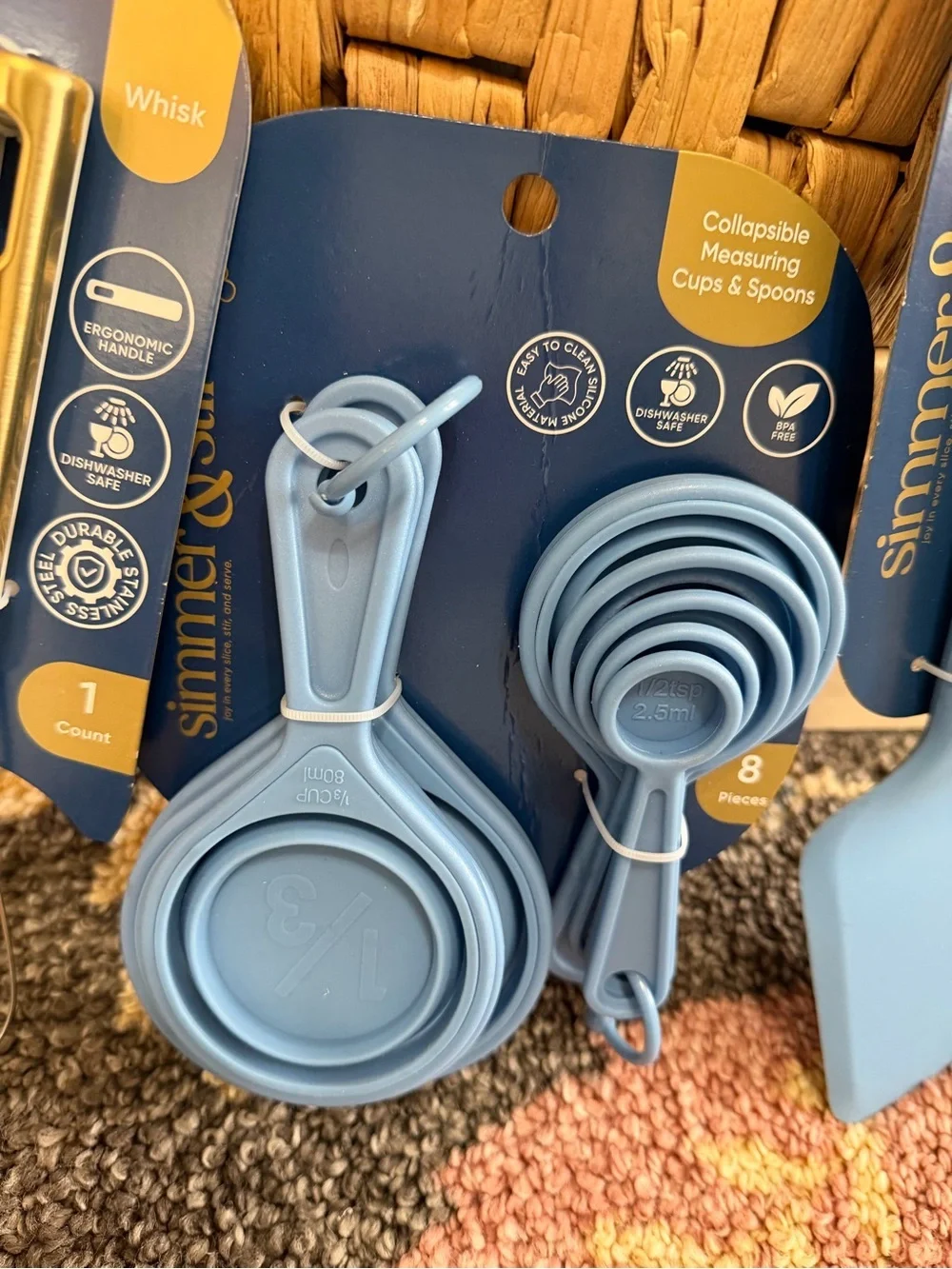 New Kitchen Essentials - Blue Silicone Measuring Cups, Spoons Whisk & Spatula